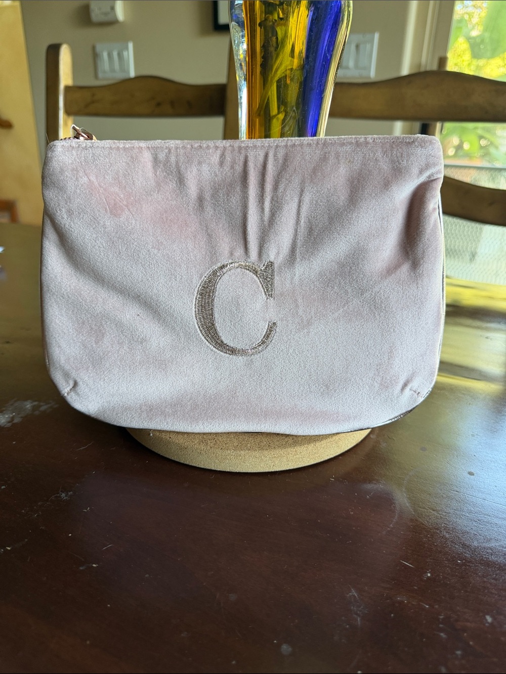 Monogram Velveteen Cosmetic Pouch - Blush Pink with gold “C” monogram